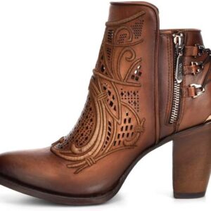 Women's Bootie in Genuine Leather with Embroidery and Zipper Brown